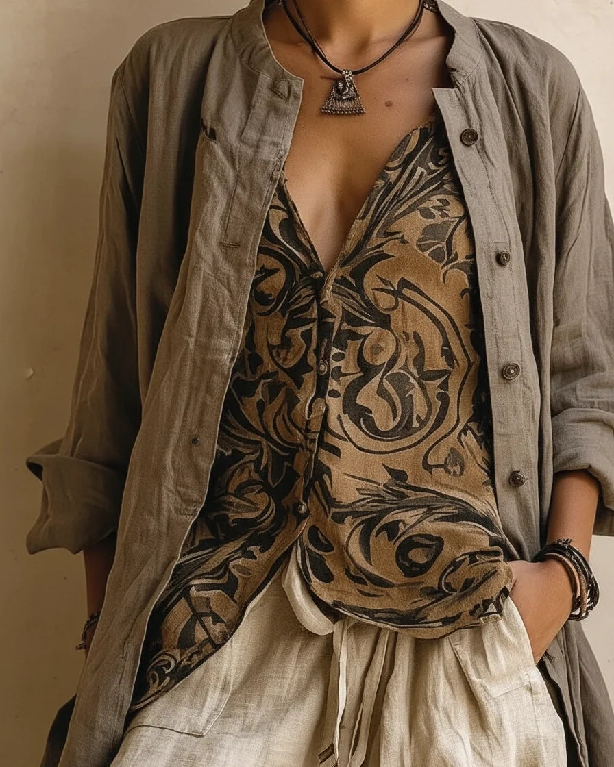 Women Graphic Print Cotton-Linen Three-Piece Set