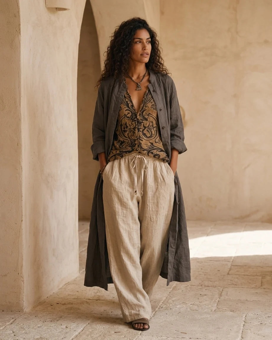 Women Graphic Print Cotton-Linen Three-Piece Set