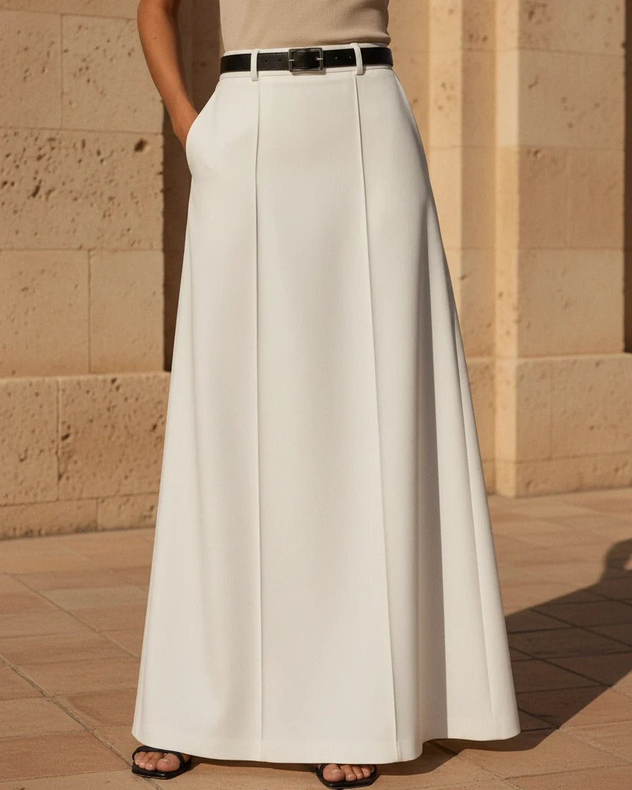 Women's Seamed High-Waist Maxi Skirt - Floor-Length H-Line Solid Color Skirts with Belt Loops, Pockets, and High Waist | Polarys