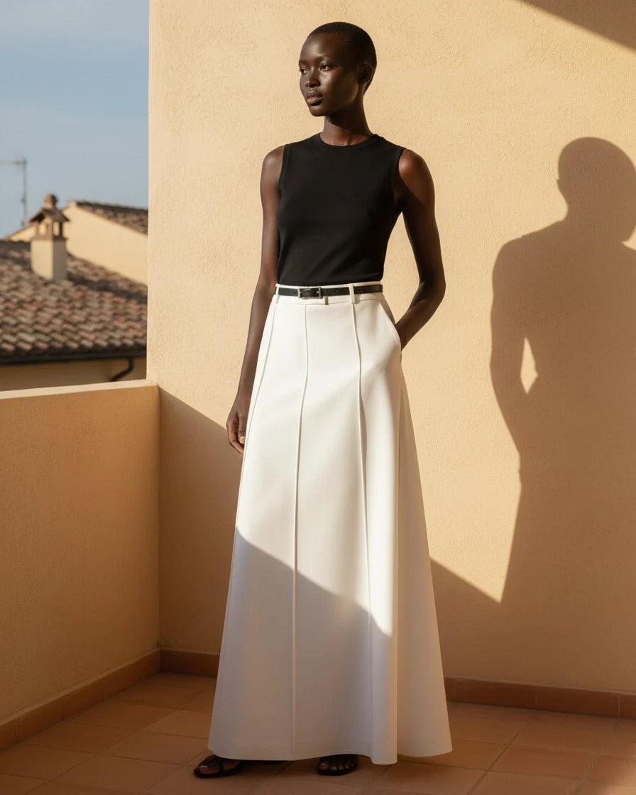 Women's Seamed High-Waist Maxi Skirt - Floor-Length H-Line Solid Color Skirts with Belt Loops, Pockets, and High Waist | Polarys - 2