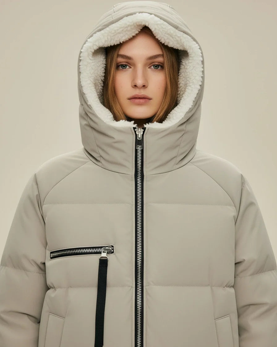 Women Hooded Quilted Beige Puffer Jacket