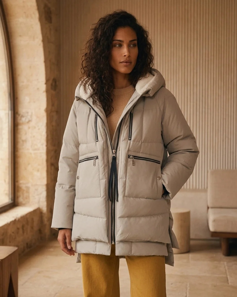 Women Hooded Quilted Beige Puffer Jacket