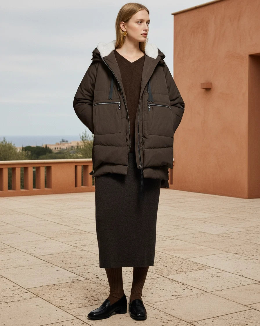 Women Hooded Quilted Beige Puffer Jacket