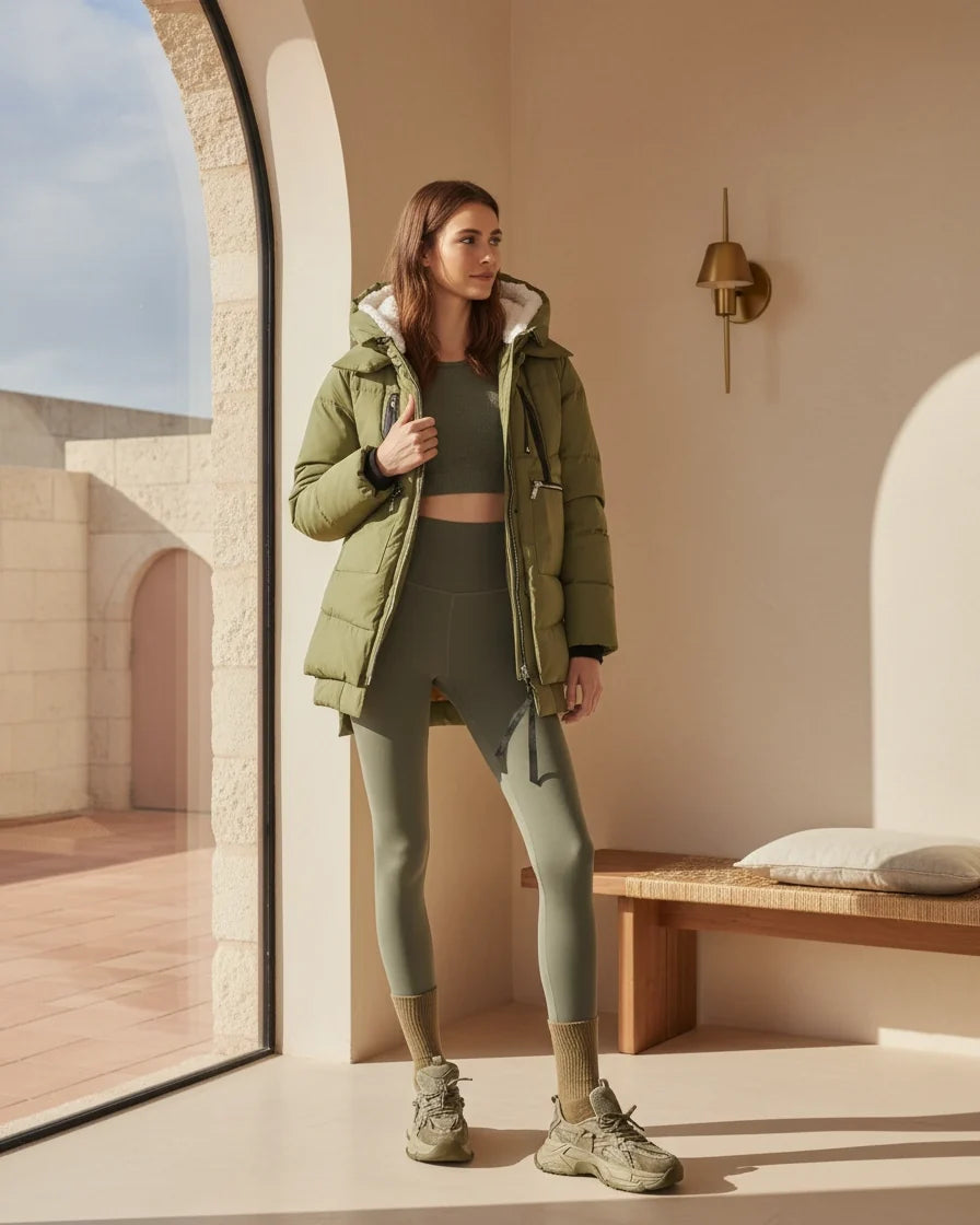 Women Hooded Quilted Beige Puffer Jacket