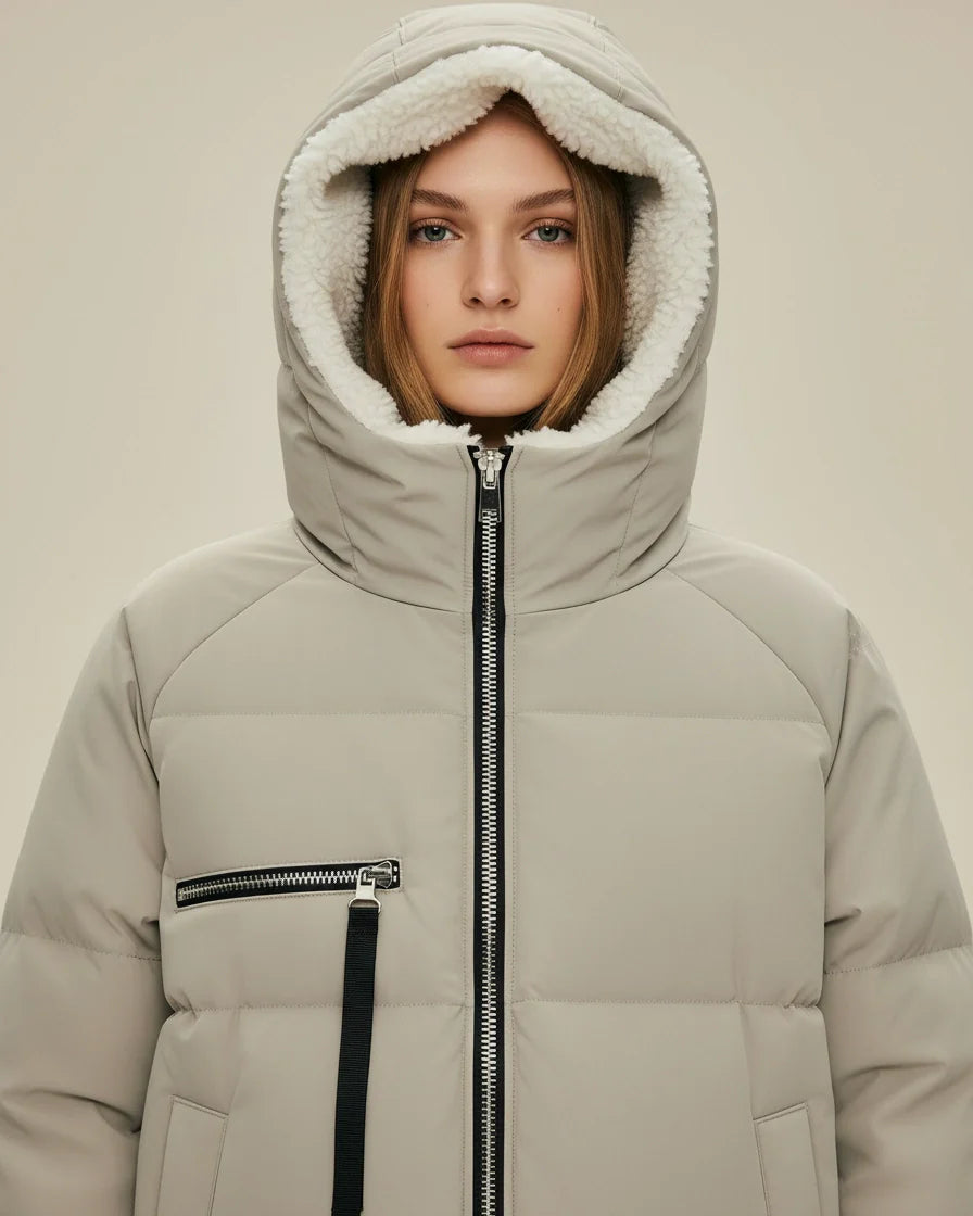 Beige mid-length quilted puffer jacket with a fleece-lined hood and side zipper details. - 6
