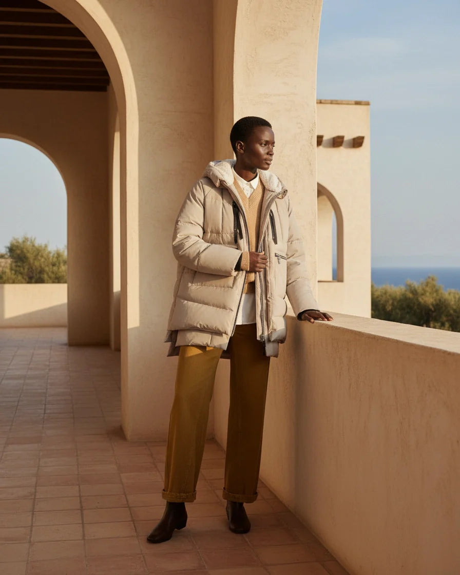 Beige mid-length quilted puffer jacket with a fleece-lined hood and side zipper details. - 2