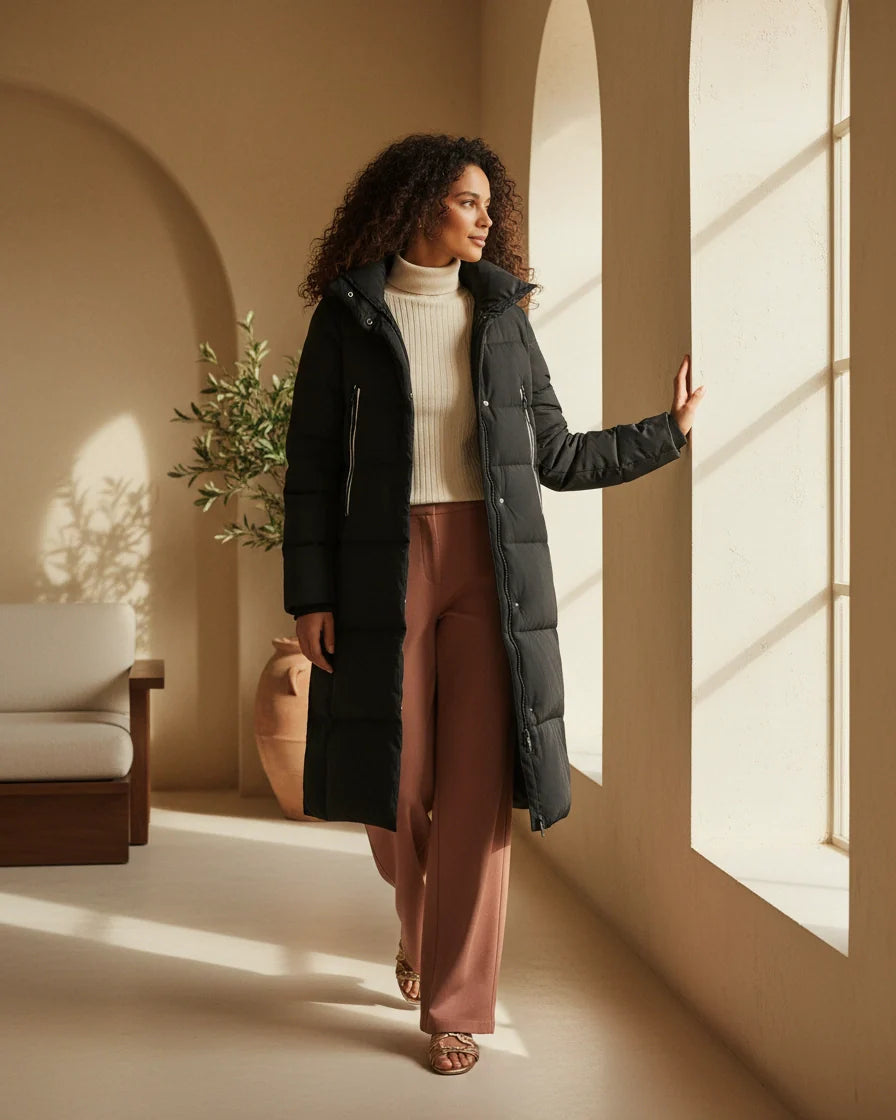 Midi-length quilted quilted puffer coat with a large hood and side zipper details. - 3