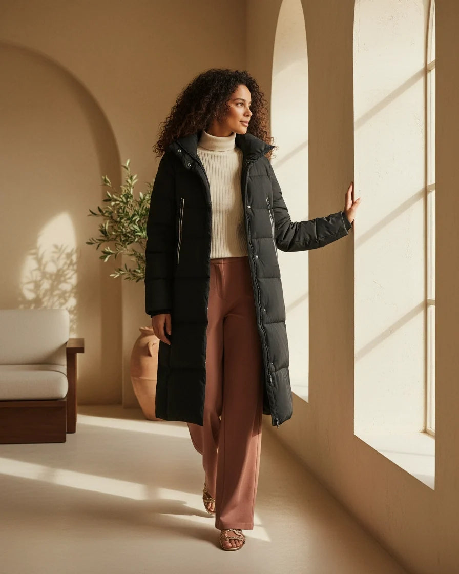 Women Hooded Quilted Midi Puffer