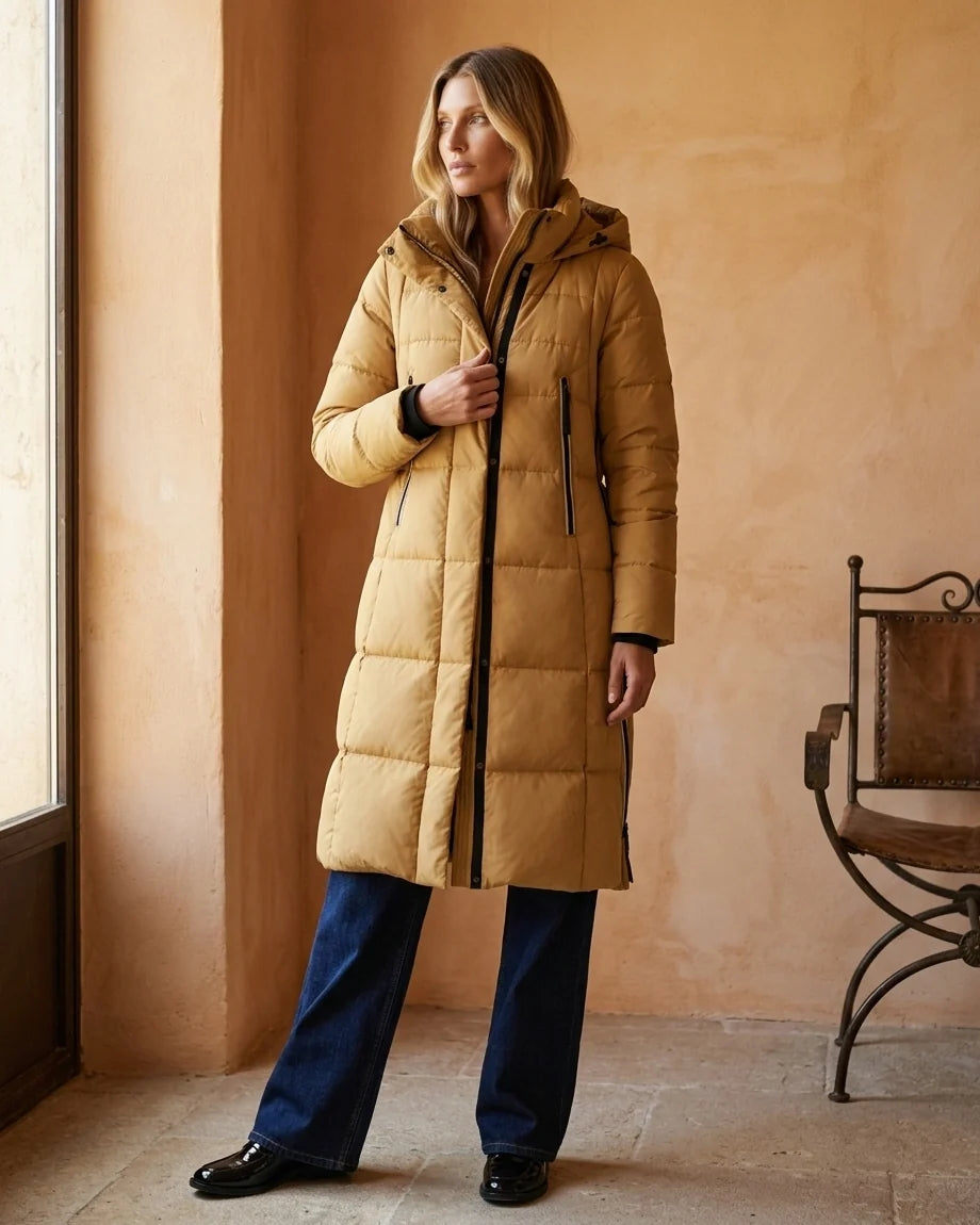 Midi-length quilted puffer coat with a large hood and side zipper details. - Old Gold variant