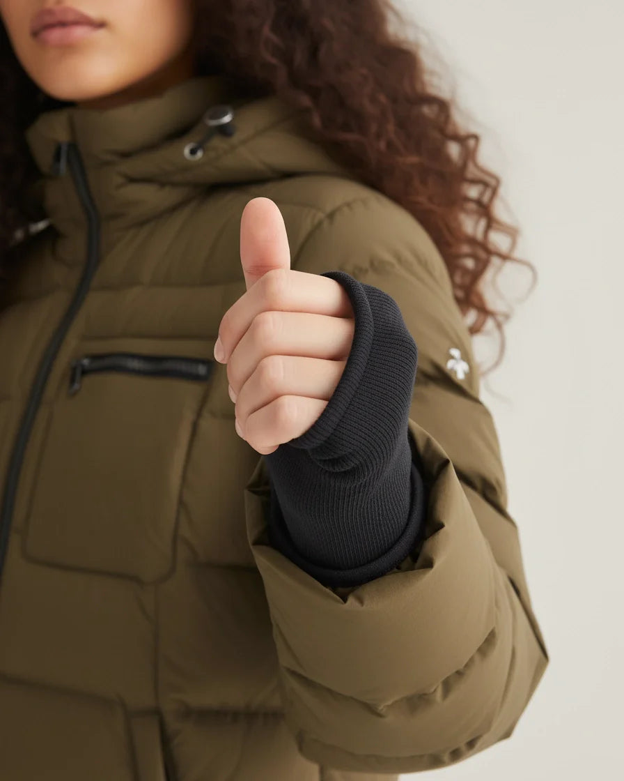 Mid-length olive green quilted puffer coat with a hood and black zipper details on a model. - 7