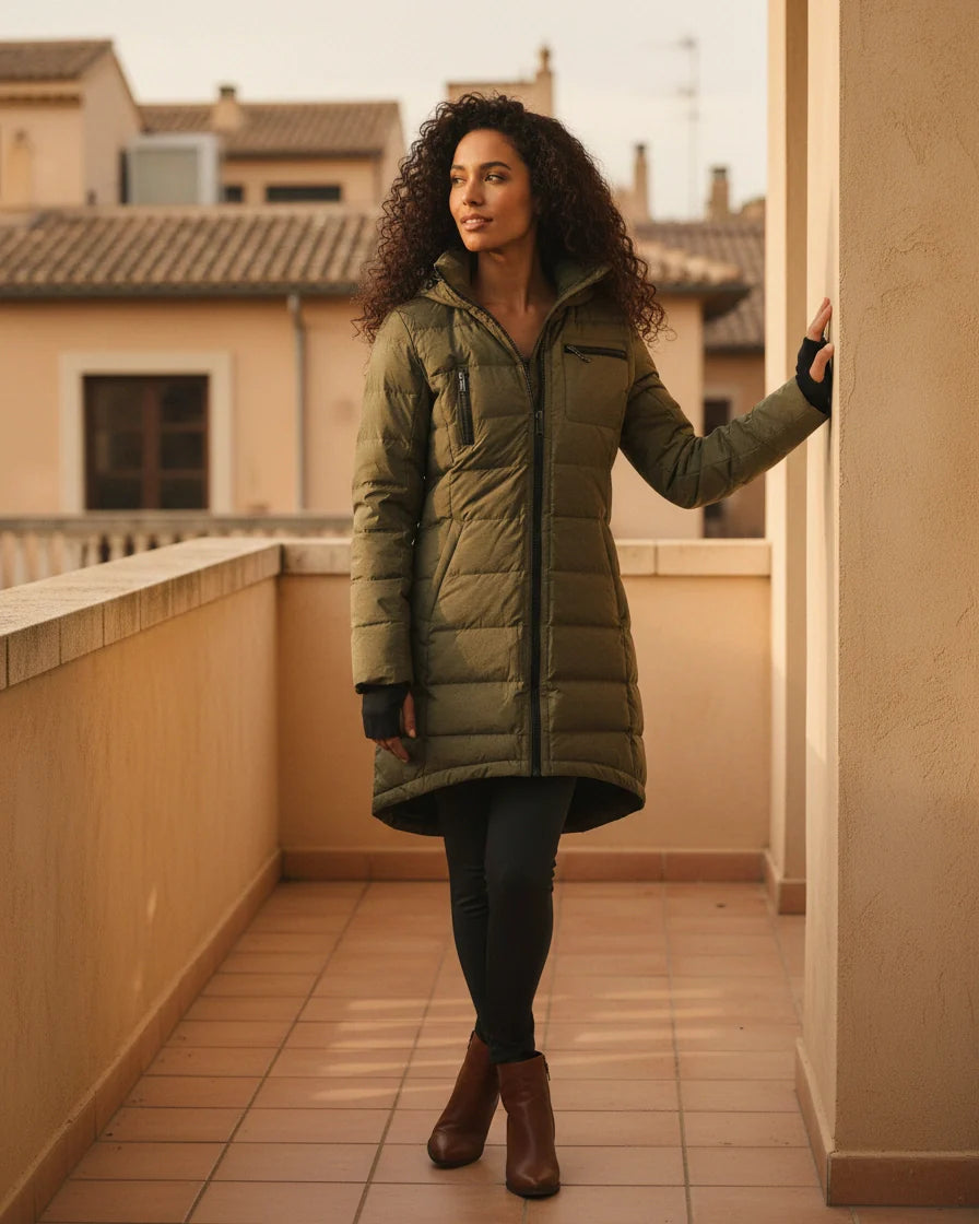 Mid-length olive green quilted puffer coat with a hood and black zipper details on a model. - 5