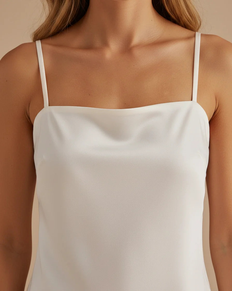 Cream satin camisole with spaghetti straps and eyelash lace trim hem. - 3