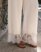 Women Lace Trim Cream Satin Pants