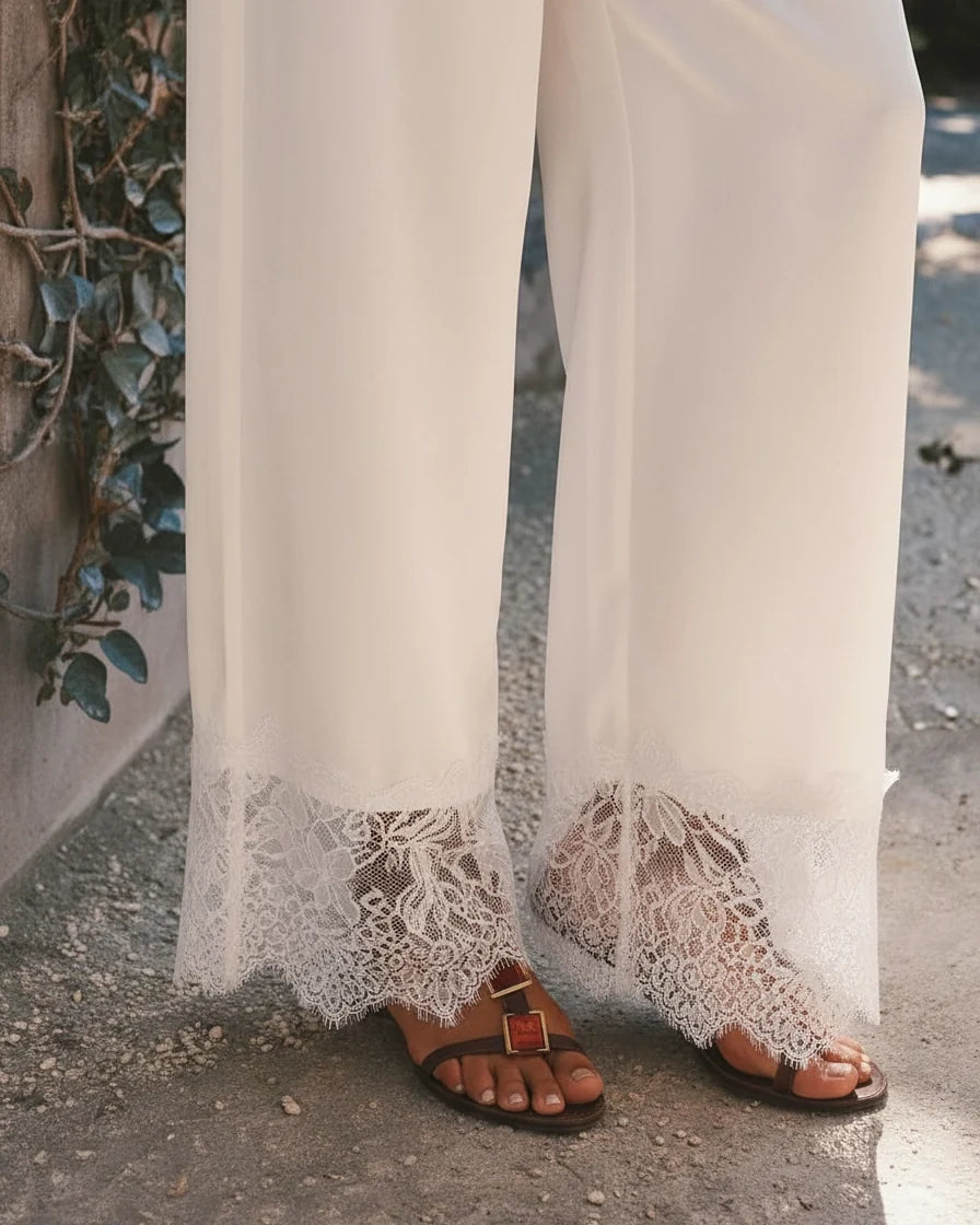 Women Lace Trim Cream Satin Pants