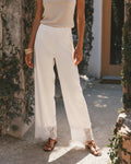 Women Lace Trim Cream Satin Pants