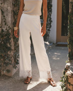 Women Lace Trim Cream Satin Pants
