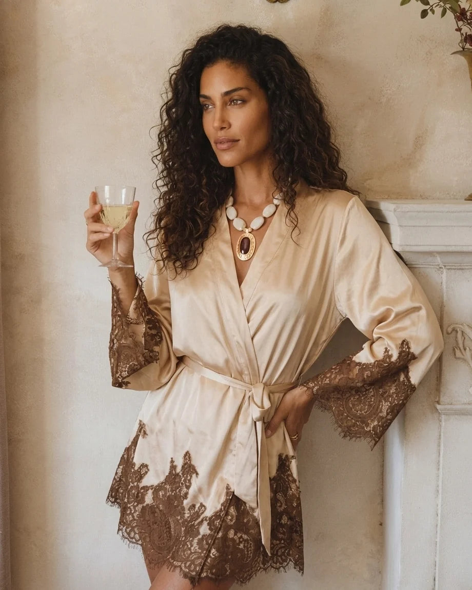 Women Lace Trim Satin Kimono Mini Dress