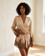 Women Lace Trim Satin Kimono Mini Dress