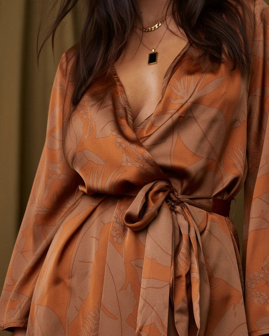 Model wearing a rust-colored mini wrap dress with a leaf print, featuring wide kimono sleeves and a waist tie. - 3