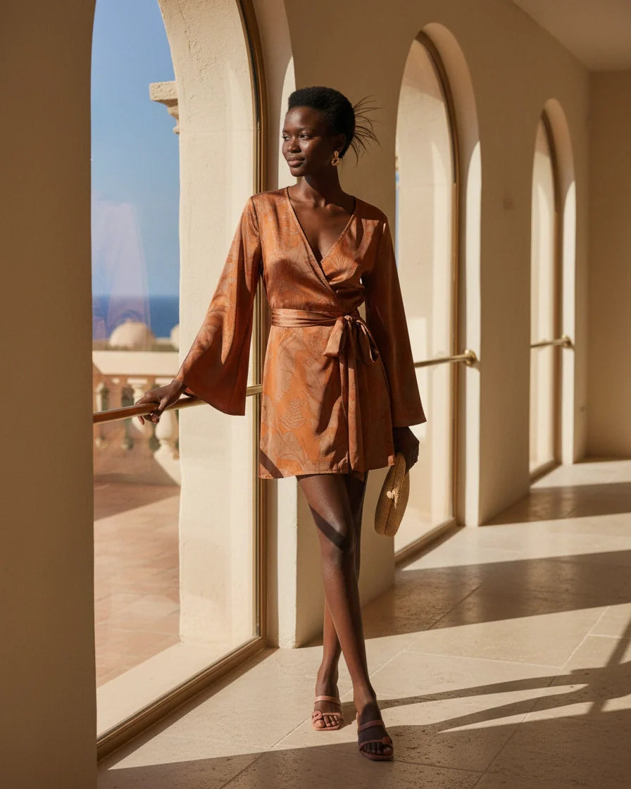 Model wearing a rust-colored mini wrap dress with a leaf print, featuring wide kimono sleeves and a waist tie. - 2