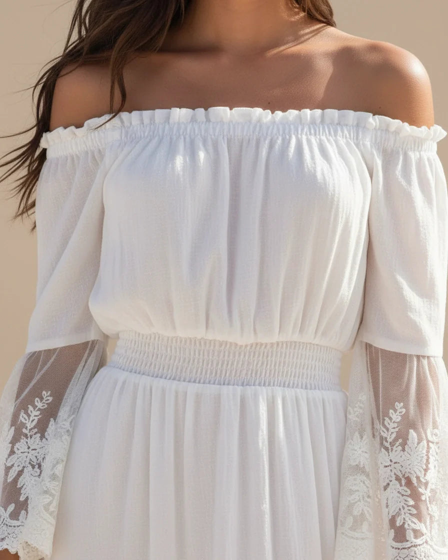 A flowing off-the-shoulder maxi dress in white with lace-trimmed bell sleeves and a tiered skirt. - 4