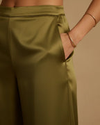 Women Olive Satin Straight Leg Trousers