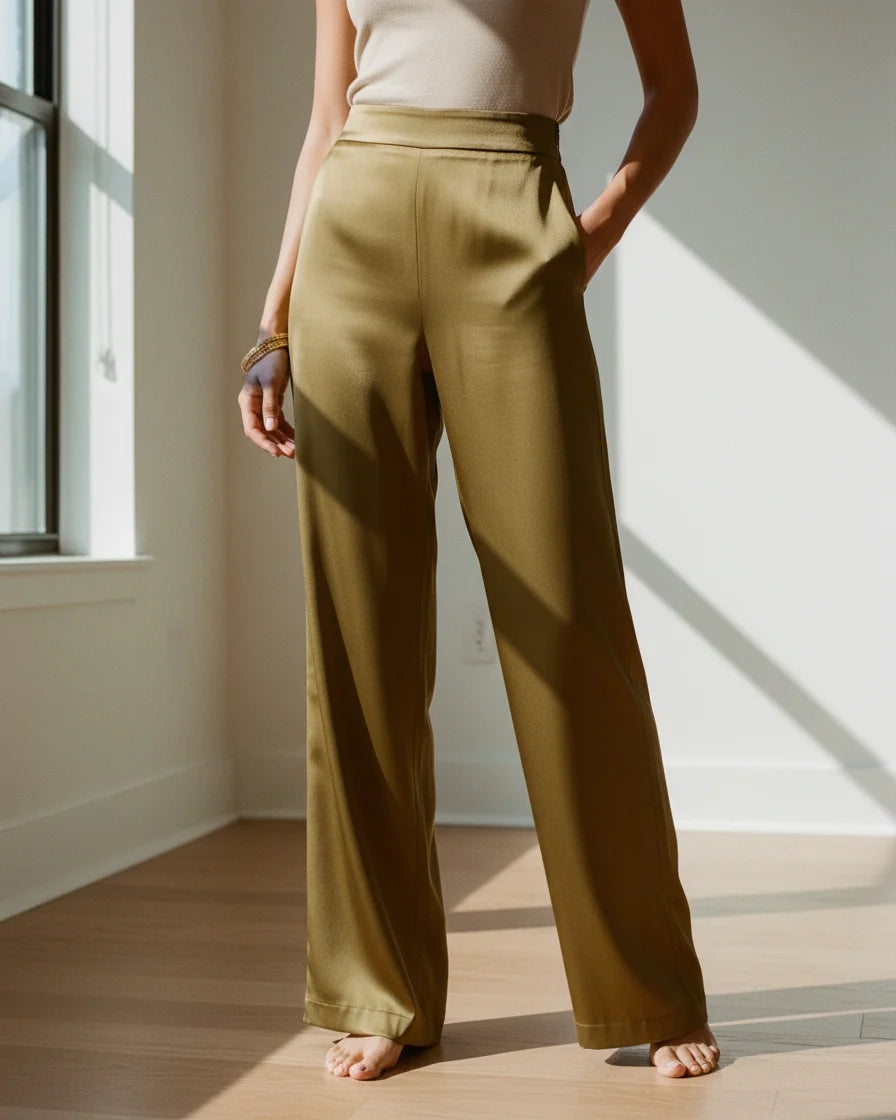 Women Olive Satin Straight Leg Trousers