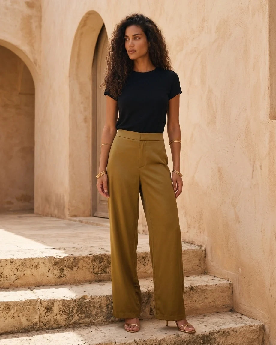 High-waisted olive green satin trousers with a straight-leg silhouette and lustrous finish.