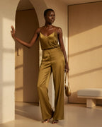 Women Olive Satin Straight Leg Trousers