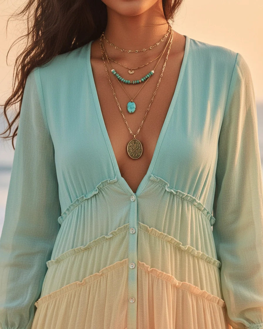 Long sleeve maxi dress with blue, yellow, and coral ombre tones and a tiered ruffled skirt. - 3