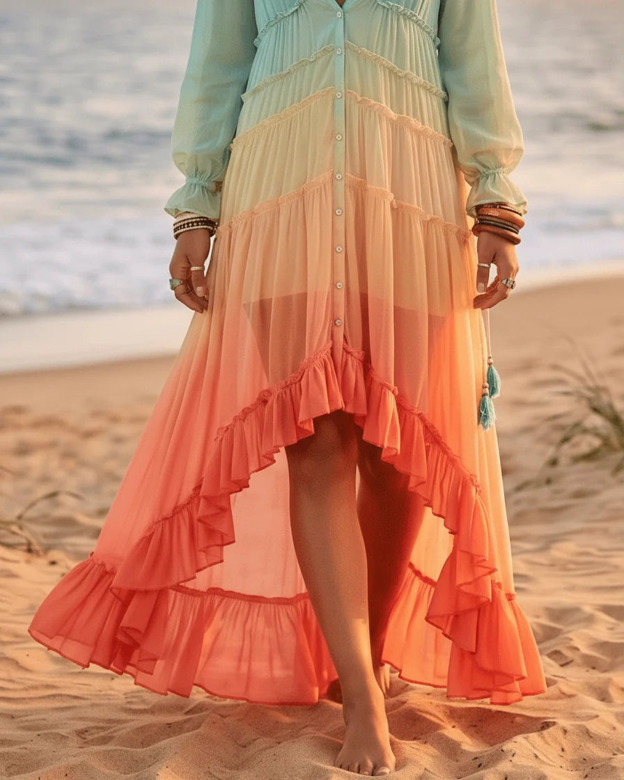 Long sleeve maxi dress with blue, yellow, and coral ombre tones and a tiered ruffled skirt. - 5