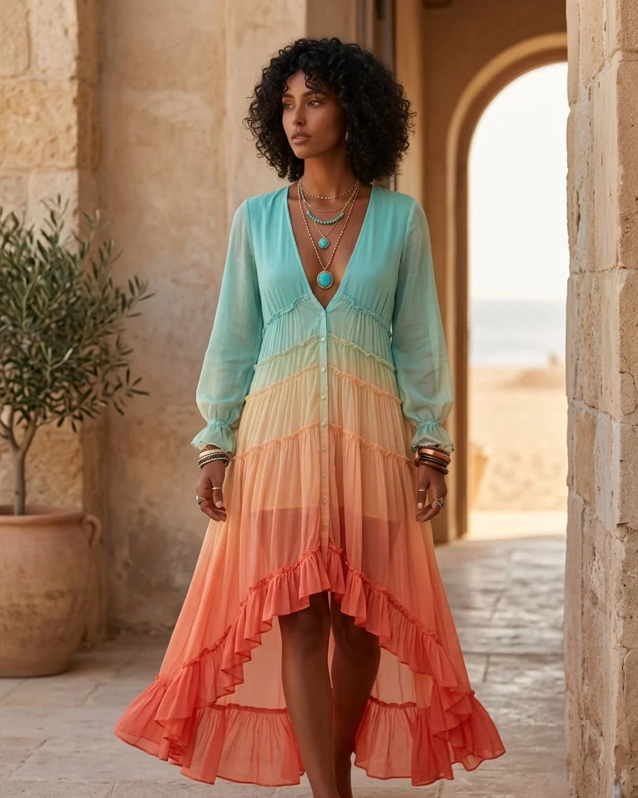 Long sleeve maxi dress with blue, yellow, and coral ombre tones and a tiered ruffled skirt.