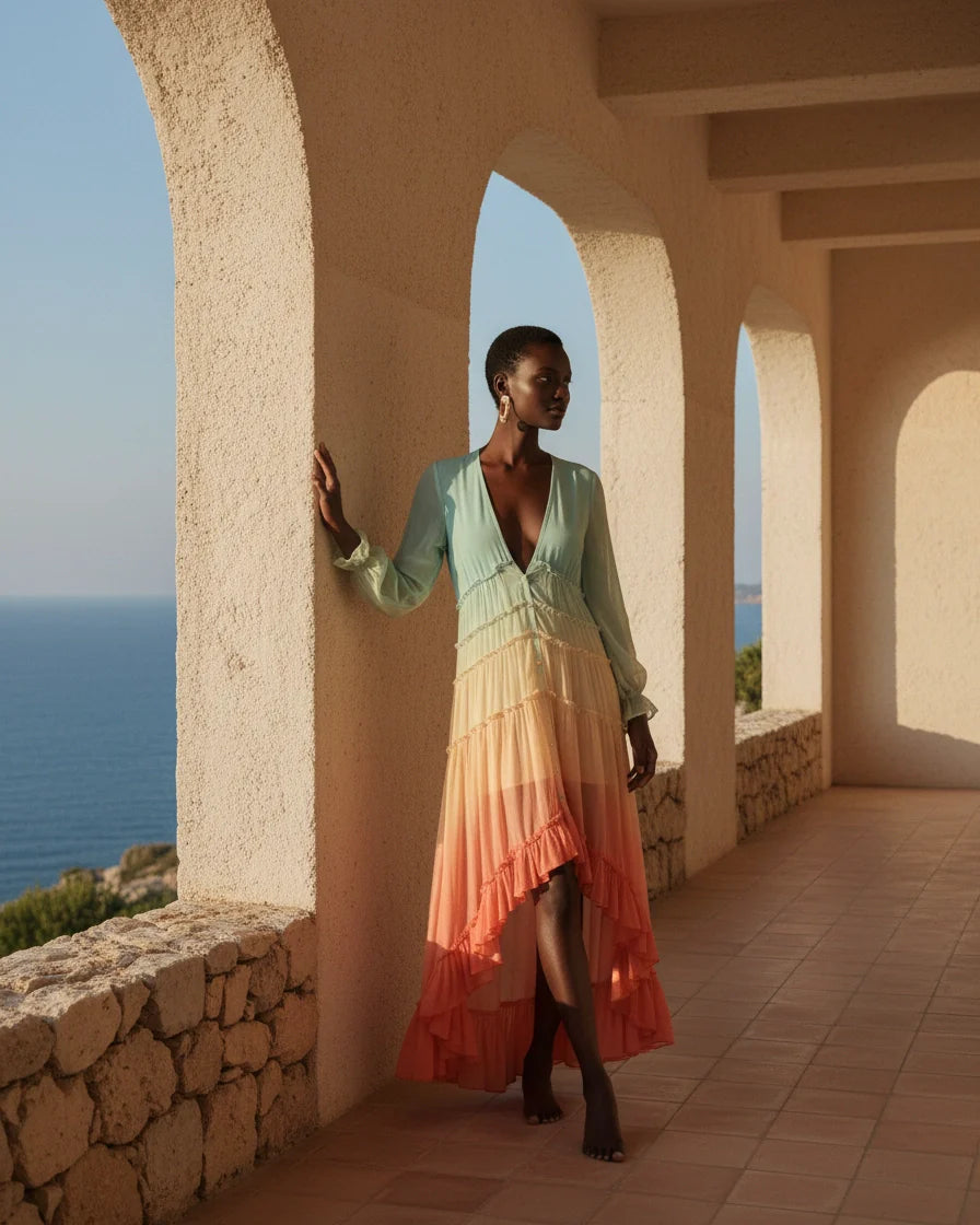 Long sleeve maxi dress with blue, yellow, and coral ombre tones and a tiered ruffled skirt. - 2