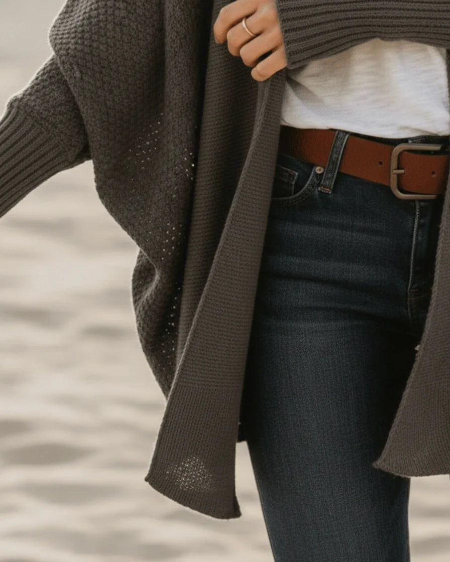 Oversized knit cardigan in army green featuring dramatic batwing sleeves and long ribbed cuffs. - 8