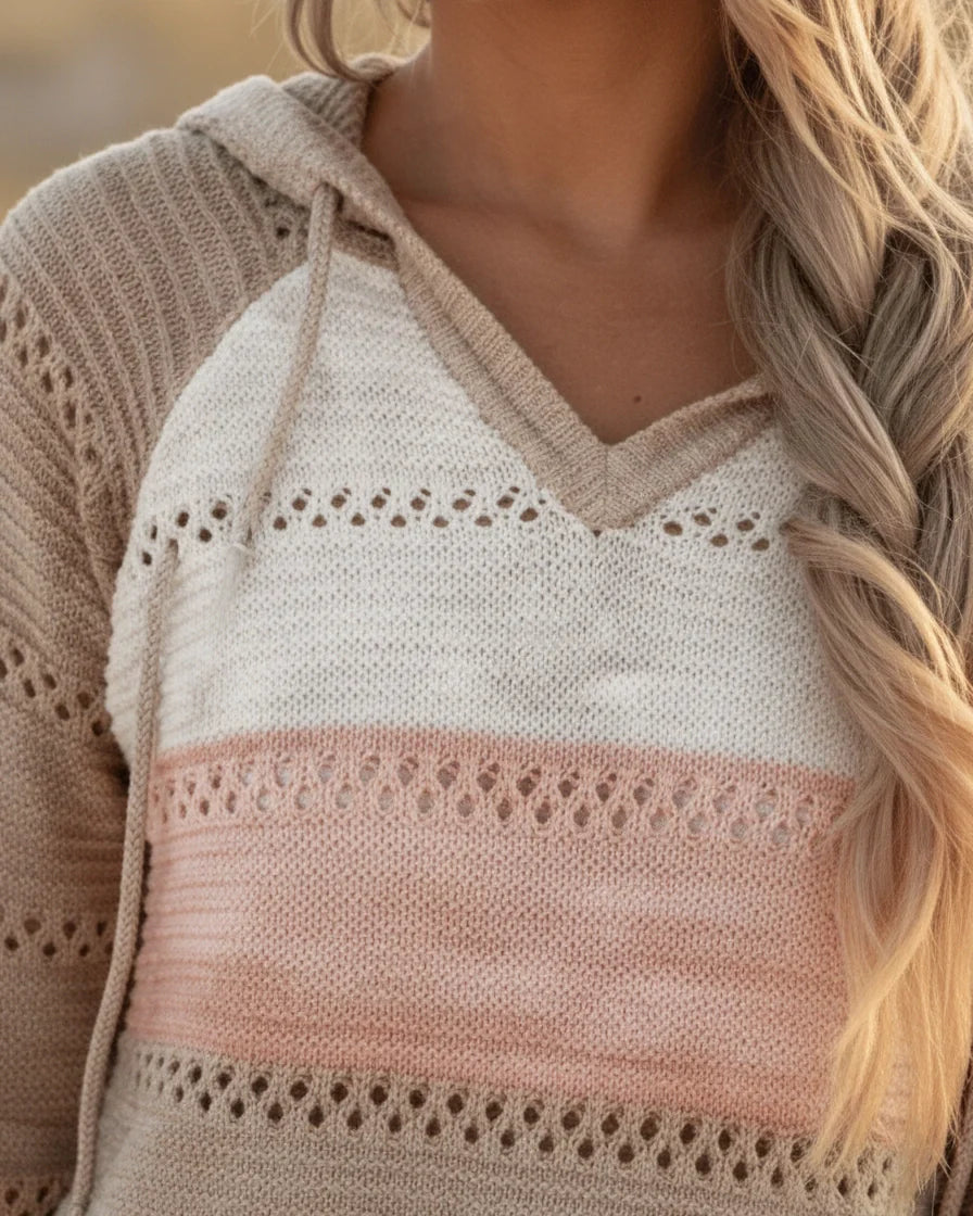 Relaxed-fit knit hoodie with horizontal color-blocking and pointelle stitch detailing. - 6
