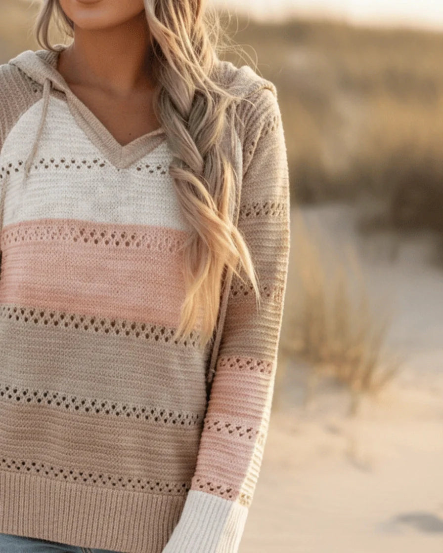 Relaxed-fit knit hoodie with horizontal color-blocking and pointelle stitch detailing. - 7