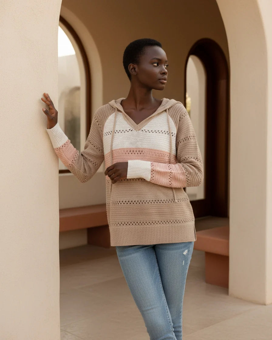 Relaxed-fit knit hoodie with horizontal color-blocking and pointelle stitch detailing. - 2