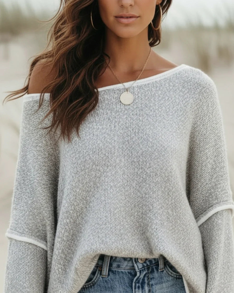 Relaxed knit pullover sweater with dropped shoulders and contrast seam detailing. - 5