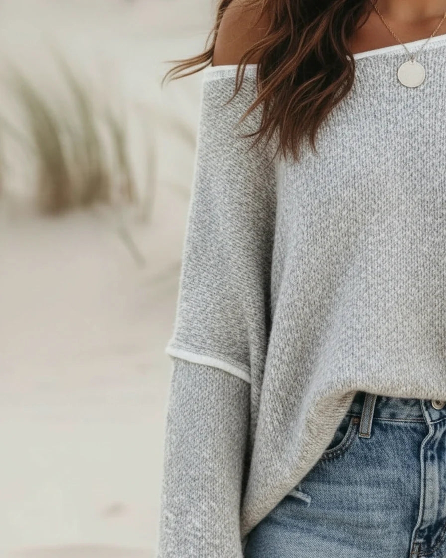 Relaxed knit pullover sweater with dropped shoulders and contrast seam detailing. - 6