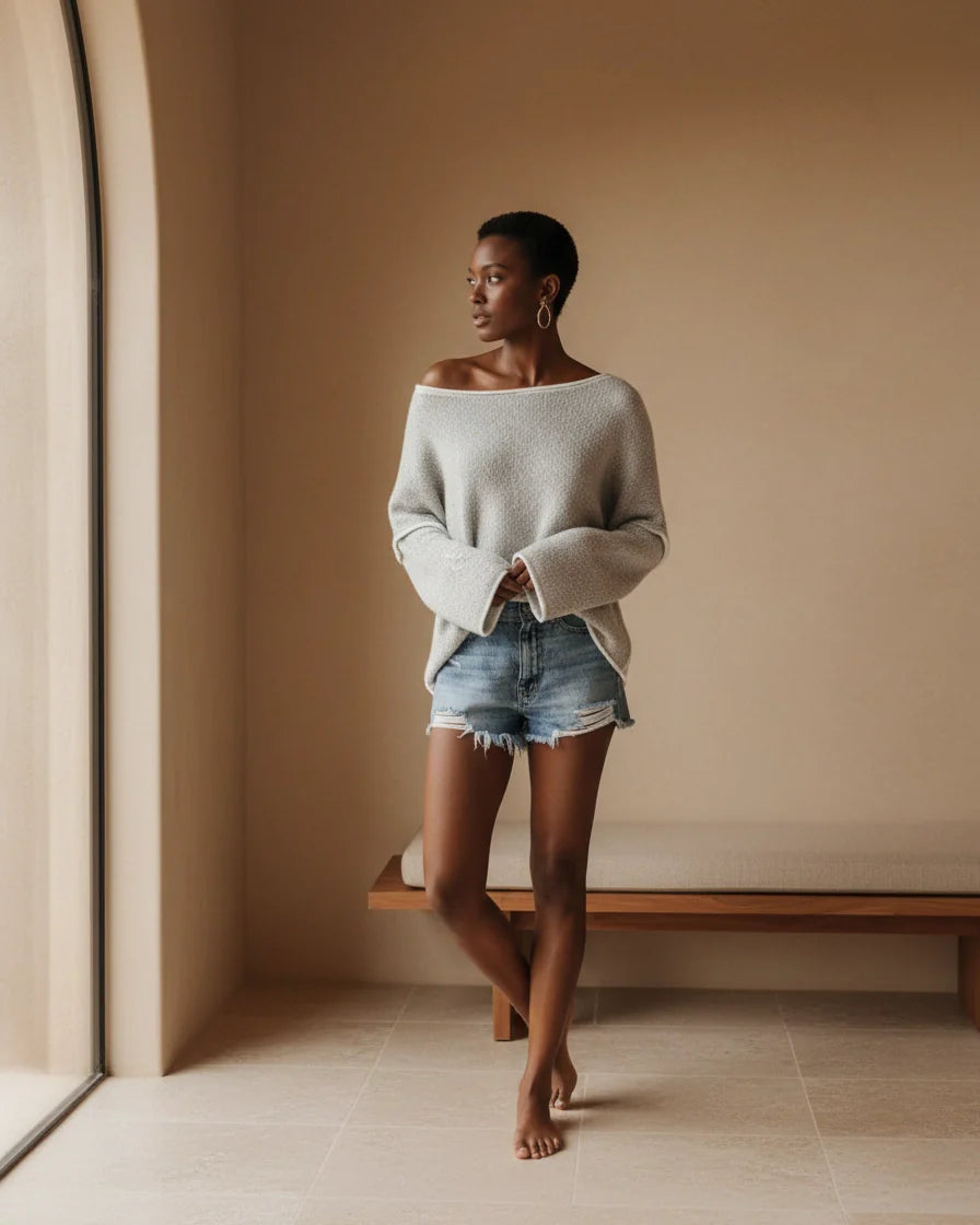 Relaxed knit pullover sweater with dropped shoulders and contrast seam detailing. - 2