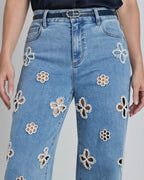 Women's Pearl Embellished Straight Leg Jeans - High-Rise Floral Cut-Out Jeans with Pearl Beading Details | Polarys - 3