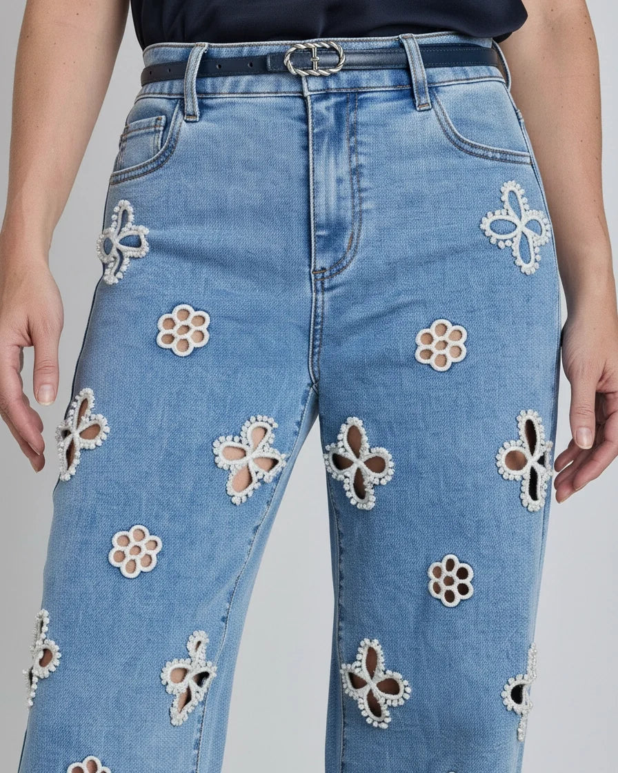 Women's Pearl Embellished Straight Leg Jeans - High-Rise Floral Cut-Out Jeans with Pearl Beading Details | Polarys - 3