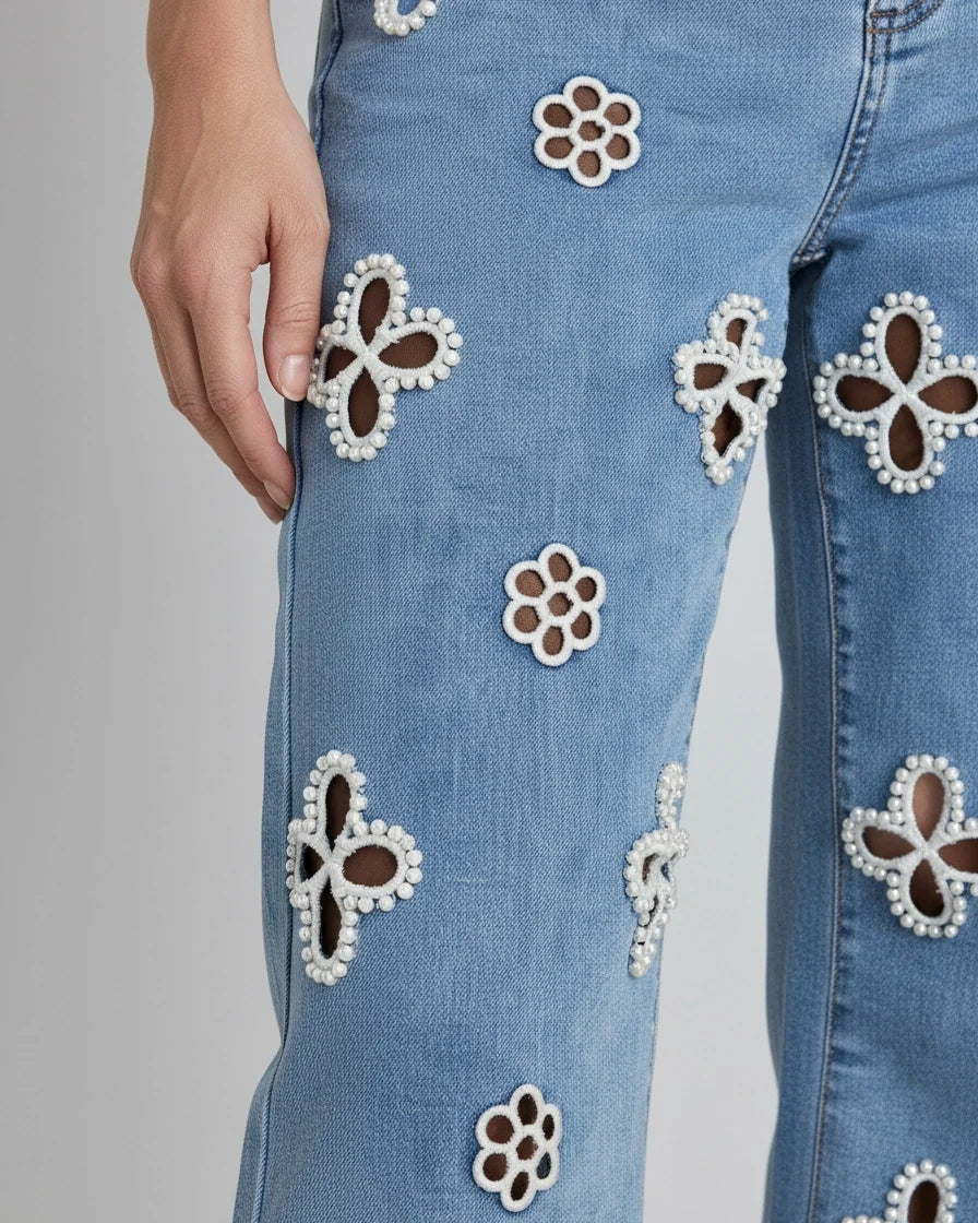 Women's Pearl Embellished Straight Leg Jeans - High-Rise Floral Cut-Out Jeans with Pearl Beading Details | Polarys - 4