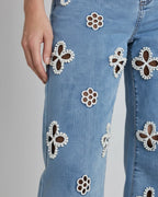 Women's Pearl Embellished Straight Leg Jeans - High-Rise Floral Cut-Out Jeans with Pearl Beading Details | Polarys - 4