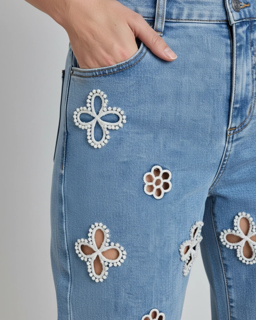 Women's Pearl Embellished Straight Leg Jeans - High-Rise Floral Cut-Out Jeans with Pearl Beading Details | Polarys - 5