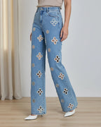 Women's Pearl Embellished Straight Leg Jeans - High-Rise Floral Cut-Out Jeans with Pearl Beading Details | Polarys