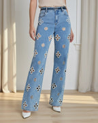 Women's Pearl Embellished Straight Leg Jeans - High-Rise Floral Cut-Out Jeans with Pearl Beading Details | Polarys - 2
