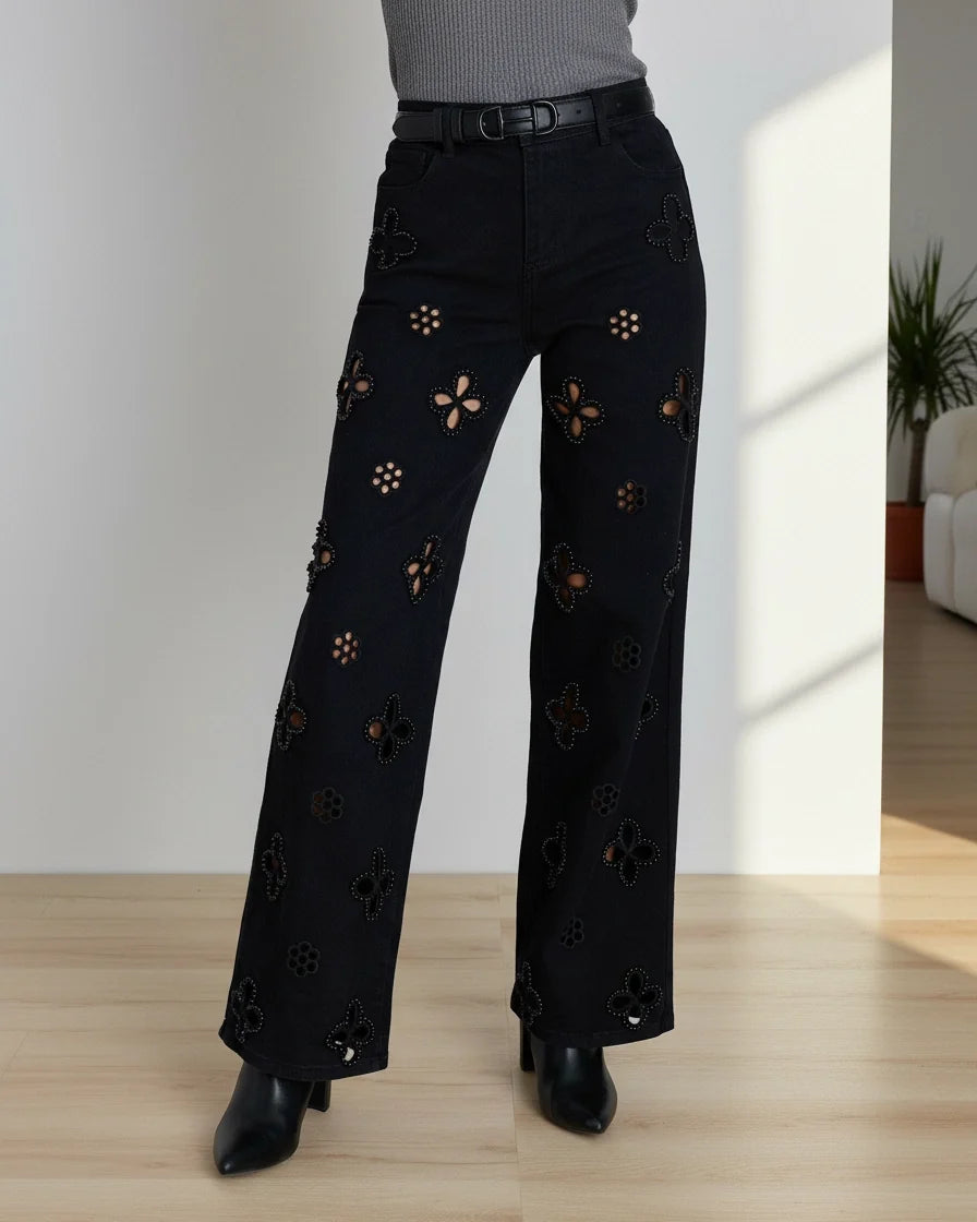 Women's Pearl Embellished Straight Leg Jeans - High-Rise Floral Cut-Out Jeans with Pearl Beading Details | Polarys - 6