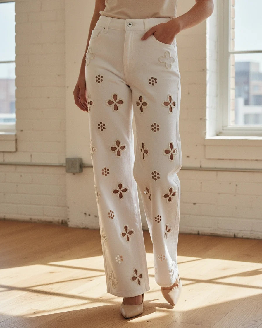 Women's Pearl Embellished Straight Leg Jeans - High-Rise Floral Cut-Out Jeans with Pearl Beading Details | Polarys - 7