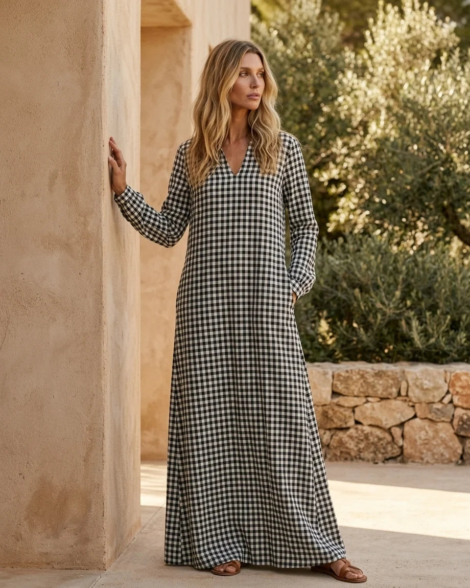 Plaid Cotton V-Neck Maxi Dress